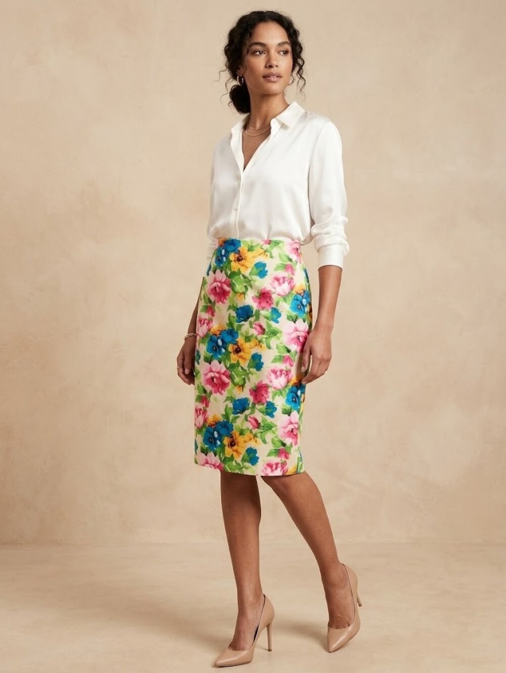 Bright Floral Midi Skirt in Pink, Blue & Yellow